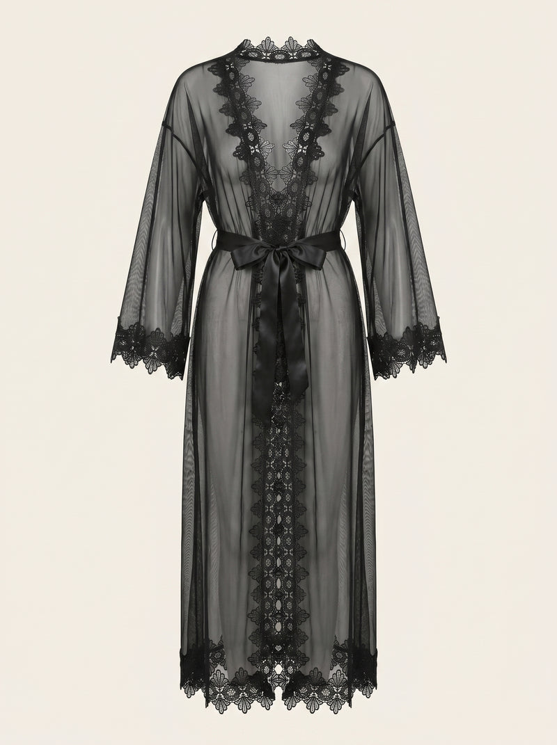Vestaglia kimono in pizzo nero dall'eleganza trasparente