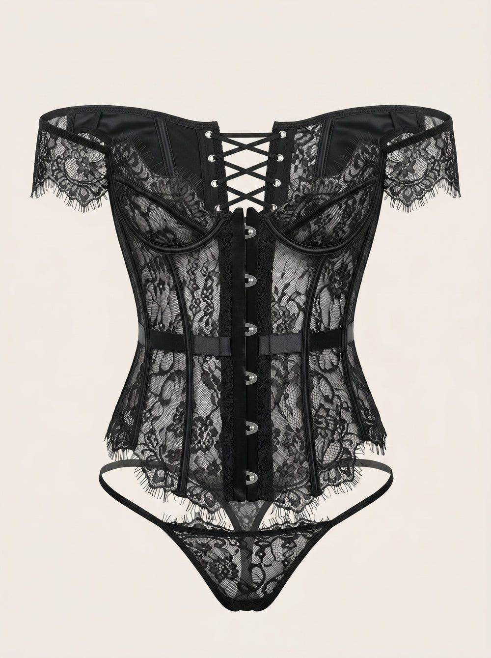 Corsetto nero in pizzo con stecche e maniche scivolate sulle spalle