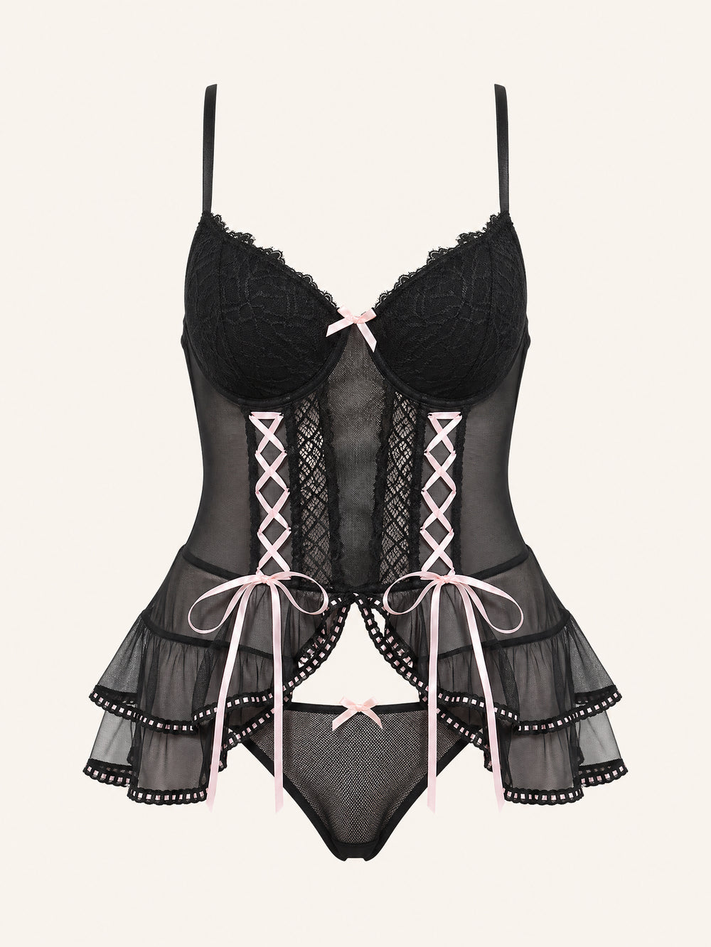 Black Lace Lingerie Set with Lace-Up Bow Detail