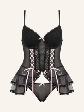 Black Lace Lingerie Set with Lace-Up Bow Detail-Corset-Bellascena-Black-XL-bellascena