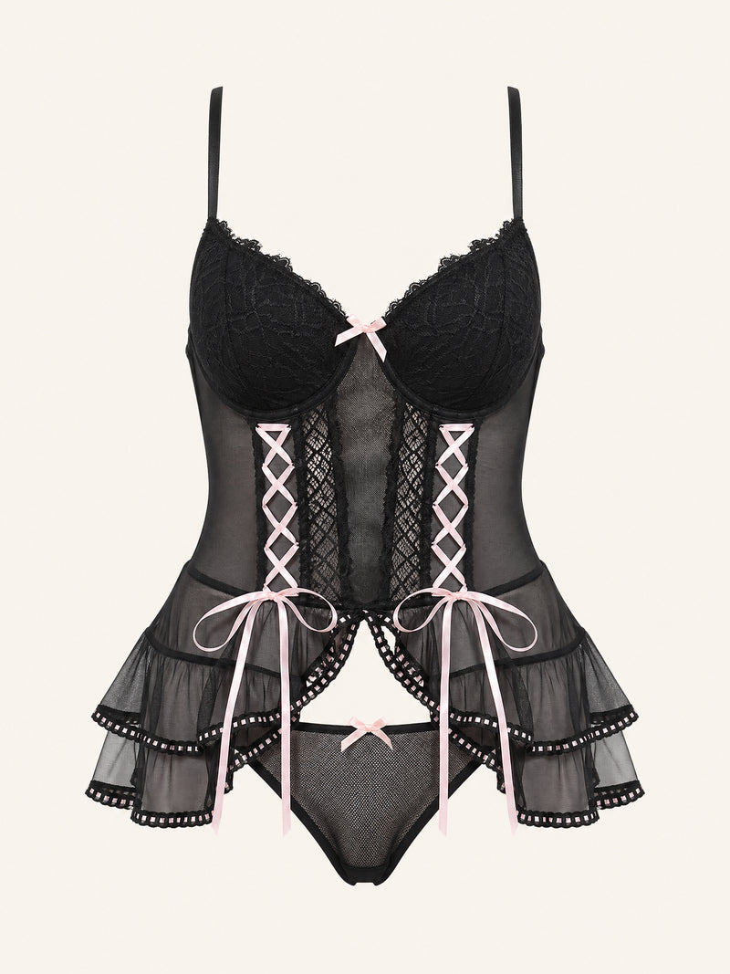 Black Lace Lingerie Set with Lace-Up Bow Detail