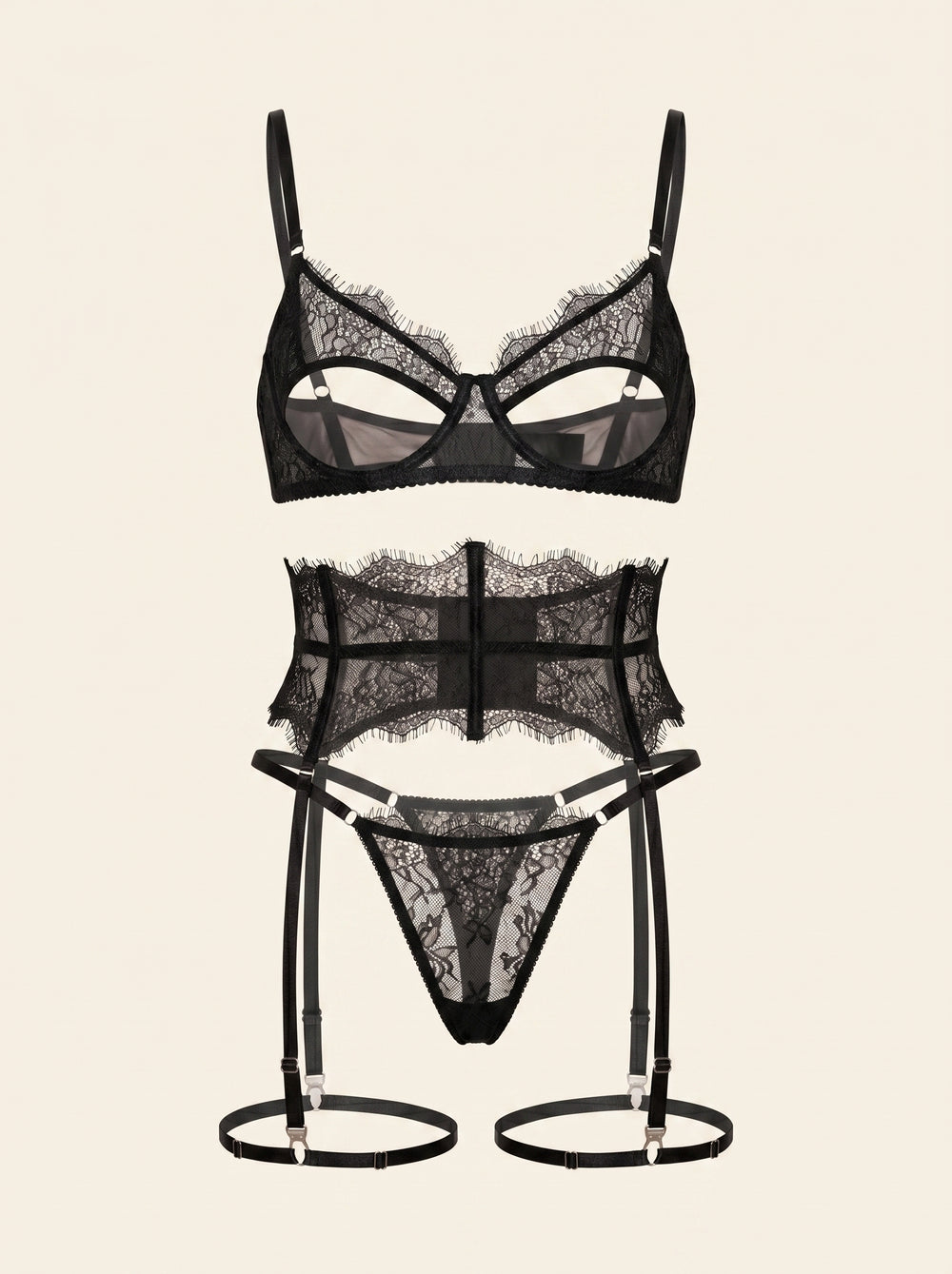 Schwarzes Spitzen-Dessous-Set mit transparentem Spitzenmuster