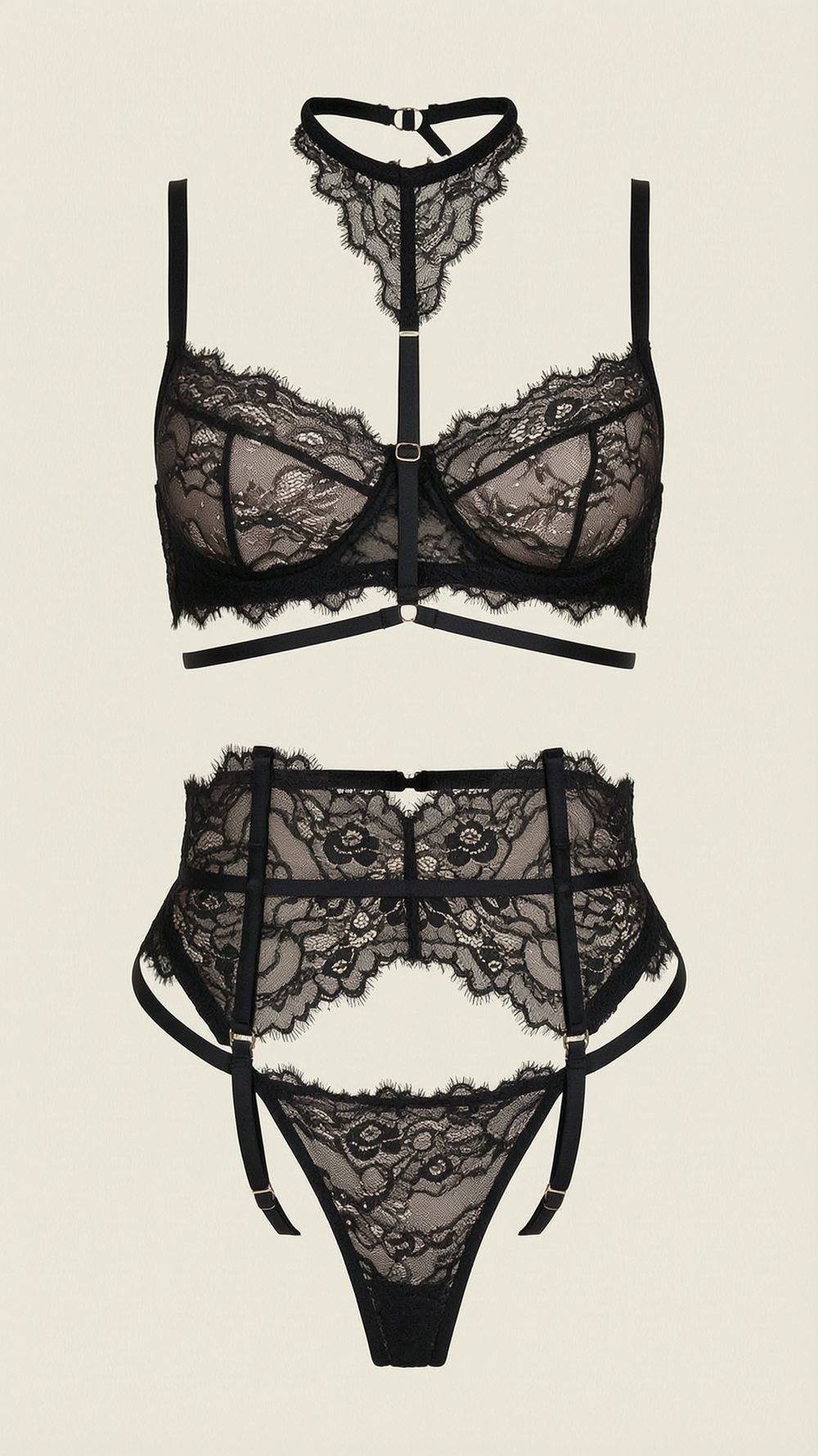 Black Lace Lingerie Set with Strappy Design