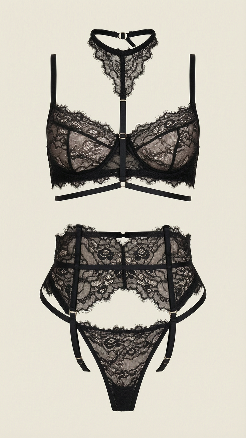 Set di lingerie in pizzo nero con design con strappy