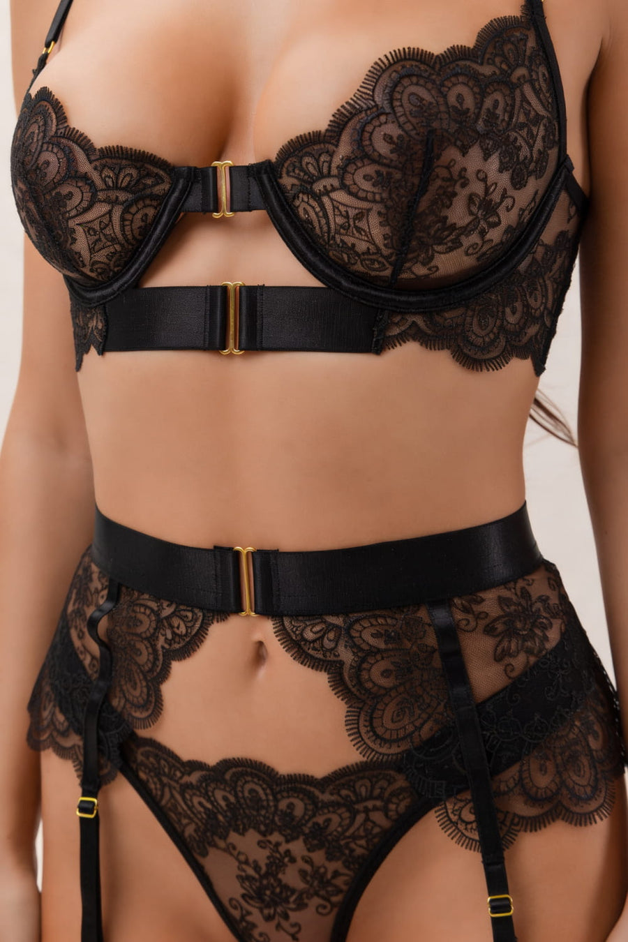 Black Lace Lingerie Set with Strappy Details-Lingerie Set-Bellascena-bellascena