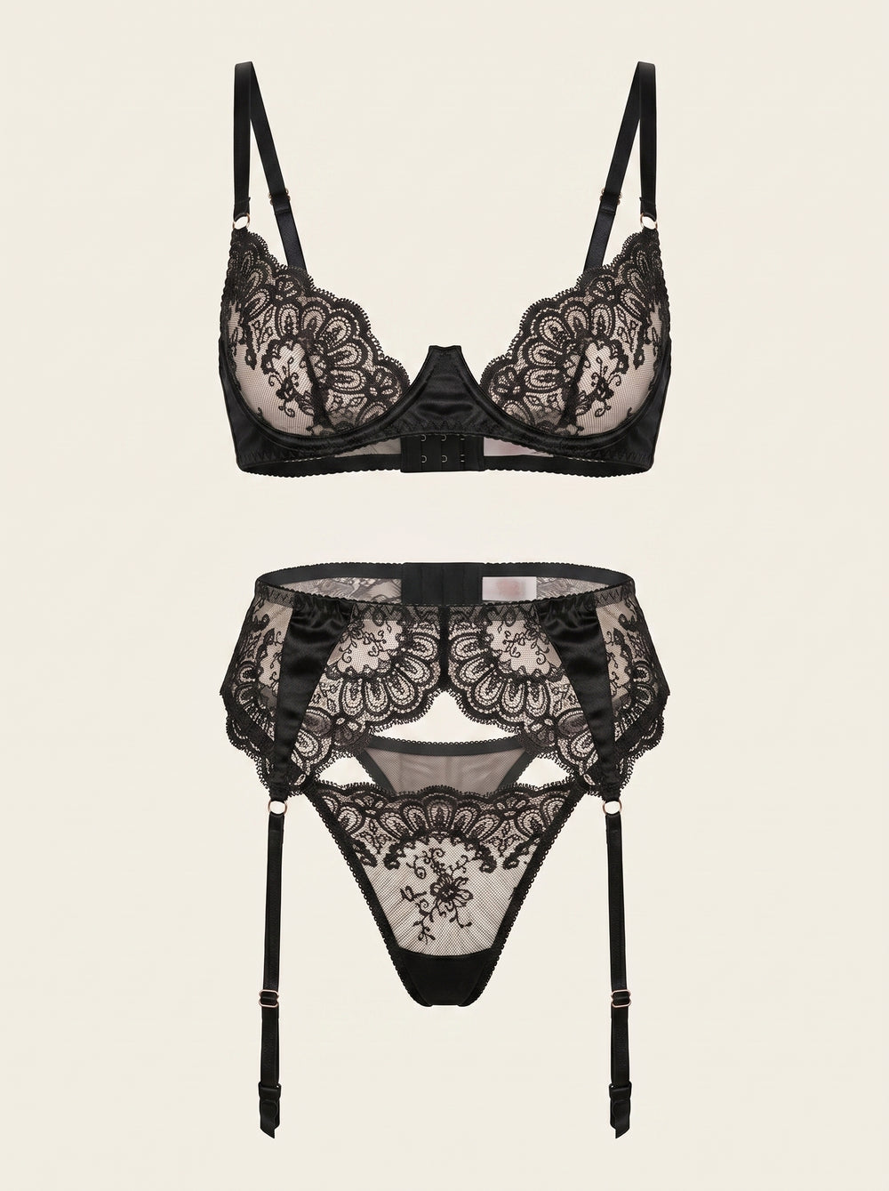 Schwarzes Spitzen-Dessous-Set mit Riemchen-Details