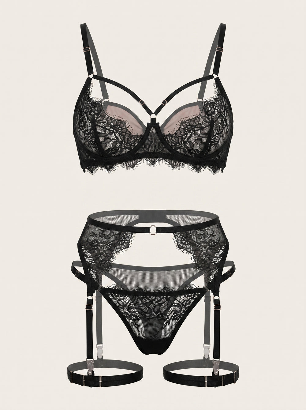 Schwarzes Spitzen-Dessous-Set mit Riemchen-Details