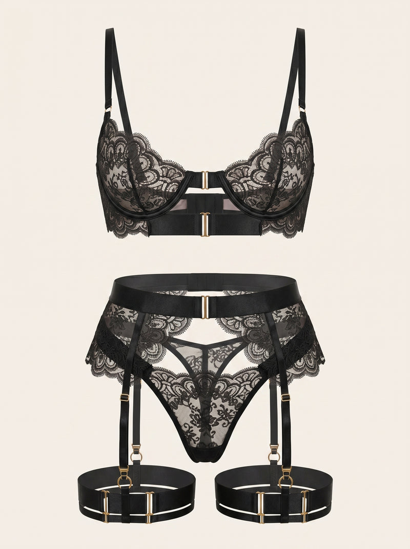 Black Lace Lingerie Set with Strappy Details