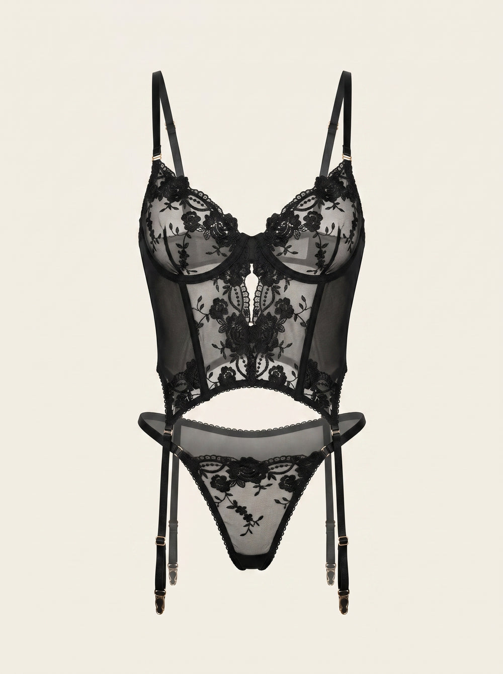 Schwarzes Spitzen-Dessous-Set mit Riemchen-Details