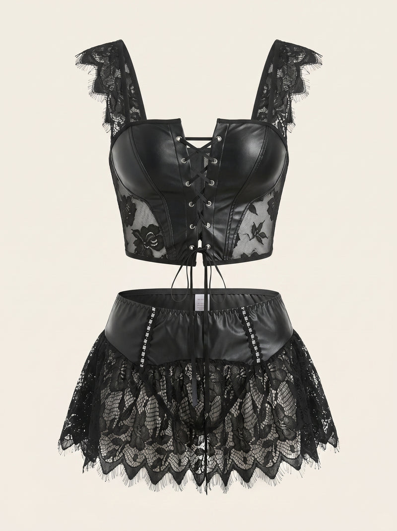 Black Lace Lingerie Set with Strappy Lace-up Detail