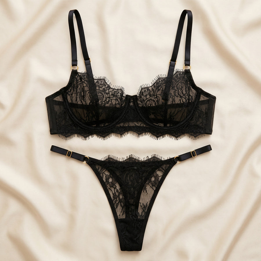 Black Lace Lingerie Set with Strappy Sheer Design-Lingerie Set-Bellascena-bellascena