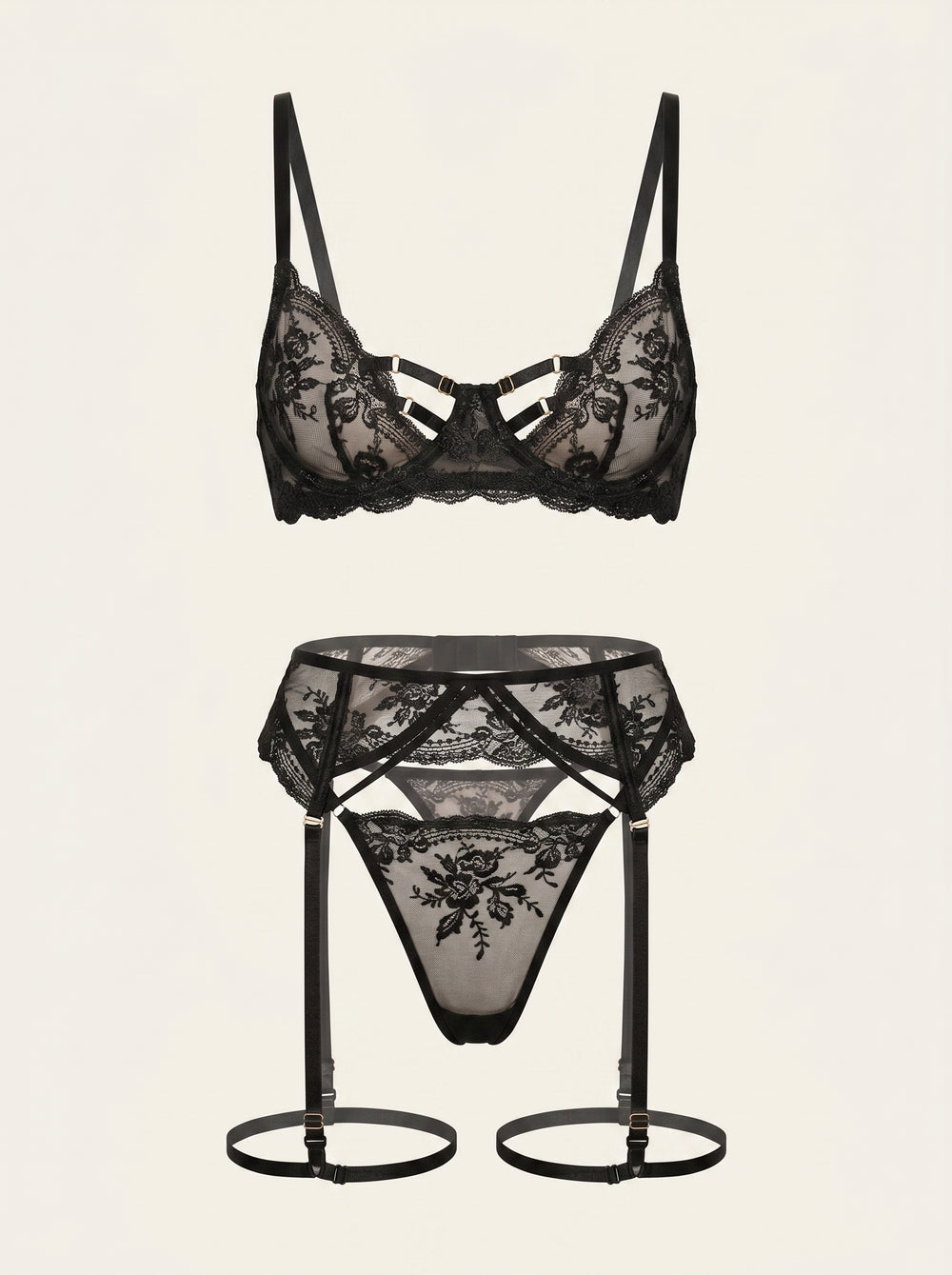 Schwarzes Spitzen-Dessous-Set mit transparentem Riemchendesign