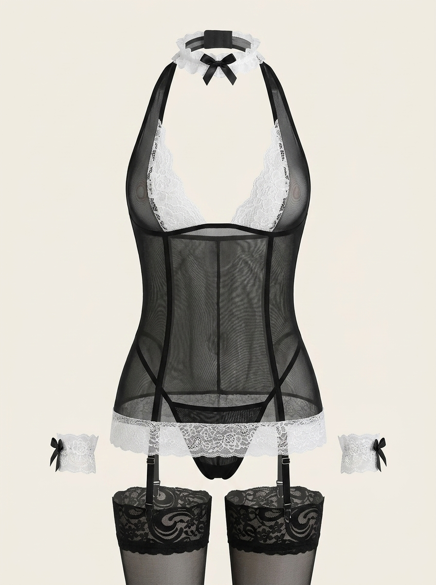 Black Lace Mesh Lingerie Set with Ruffle & Garter Straps