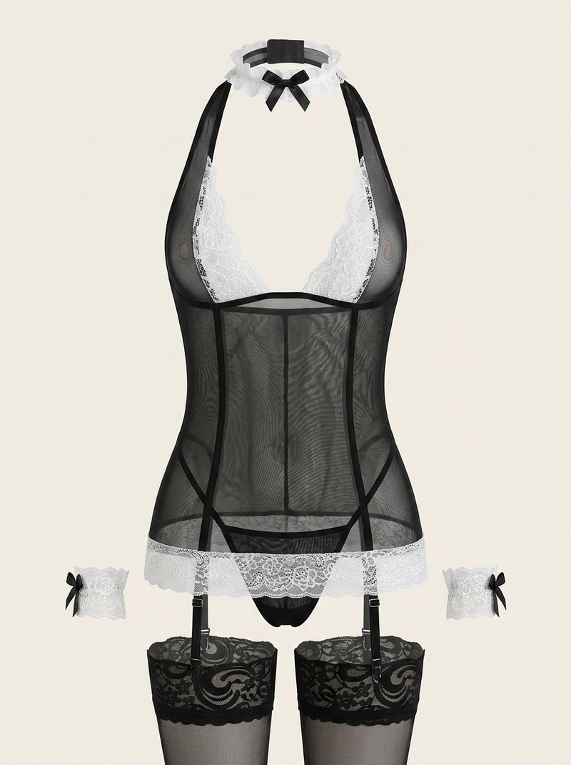 Black Lace Mesh Bodysuit with Ruffle & Garter Straps