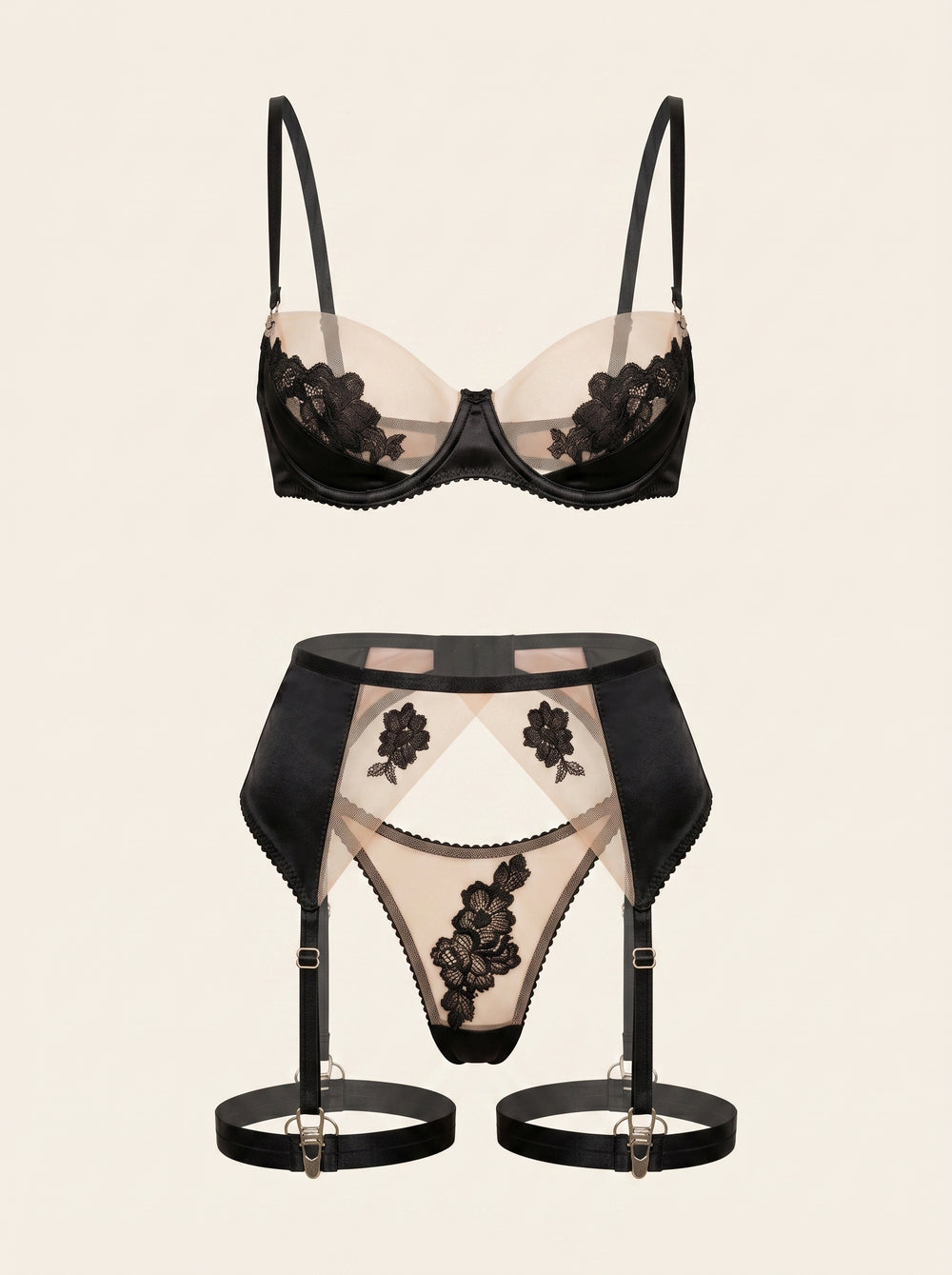 Black Lace Mesh Lingerie Set with Floral Details