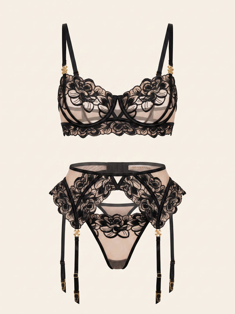 Black Lace Mesh Lingerie Set with Strappy Design