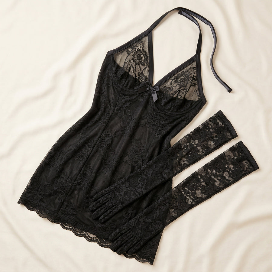 Black Lace Nightgown with Sheer Floral Design-Nightgown-Bellascena-bellascena