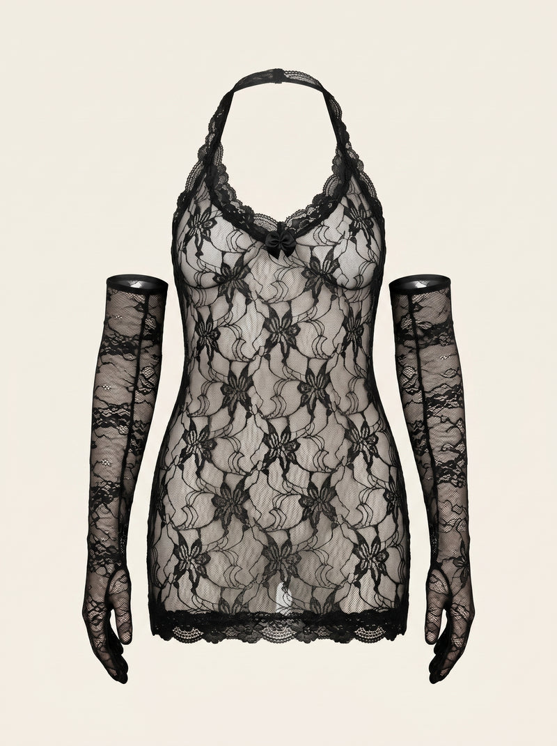Camicetta da notte nera in pizzo con design floreale trasparente