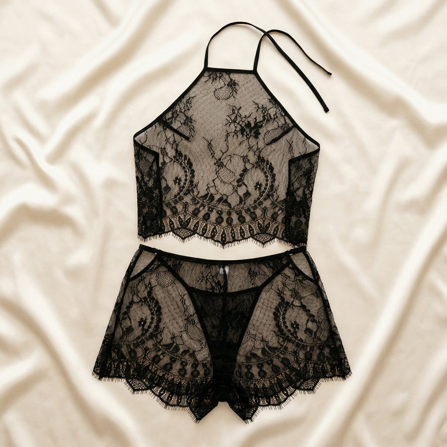 Black Lace Pajama Set with Sheer Scalloped Edges-Pajama Set-Bellascena-bellascena