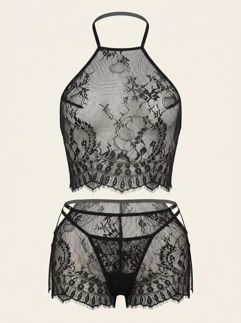 Ensemble de pyjama noir en dentelle avec bords festonnés transparents