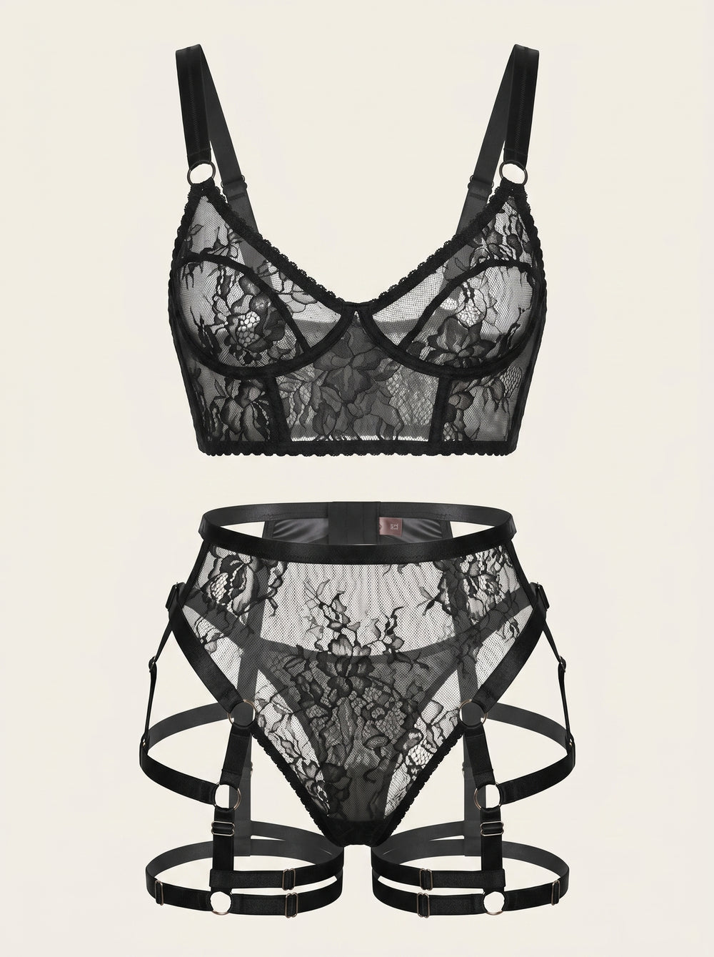Black Lace Strappy Lingerie Set with Sheer Design