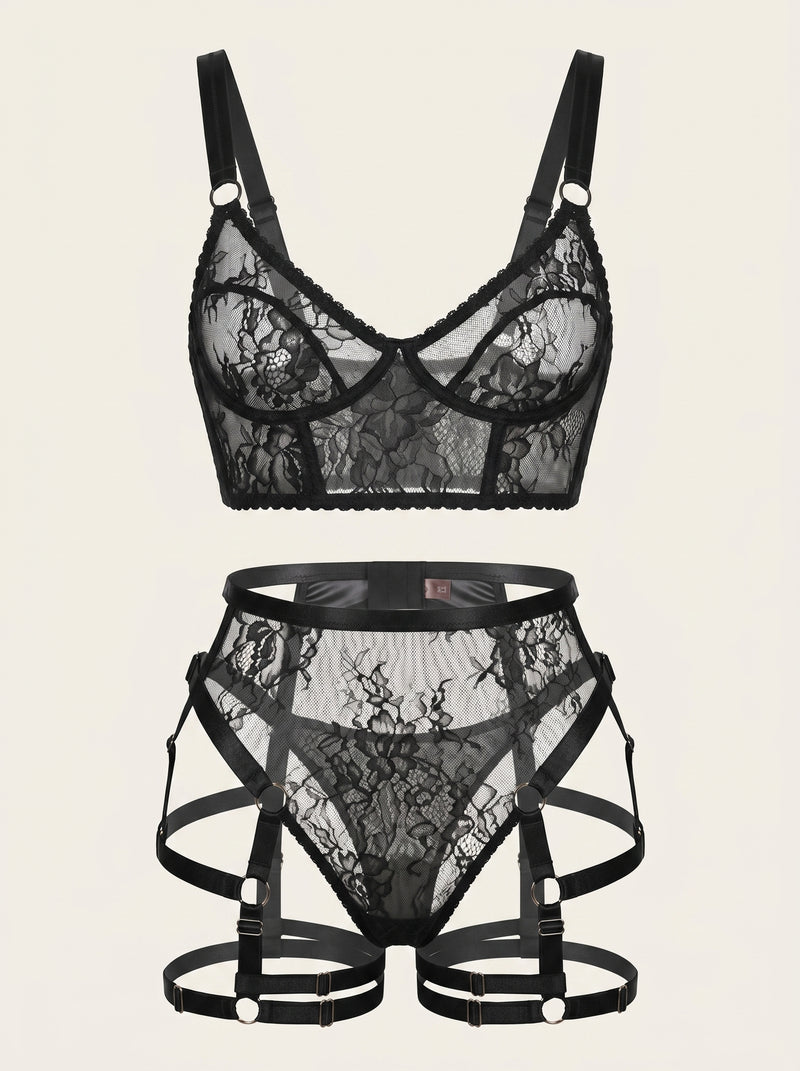Black Lace Strappy Bodysuit with Sheer Design