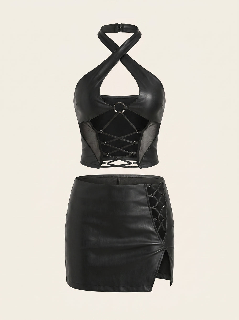 Black Leather Lingerie Set with Strappy Cutouts and Rings