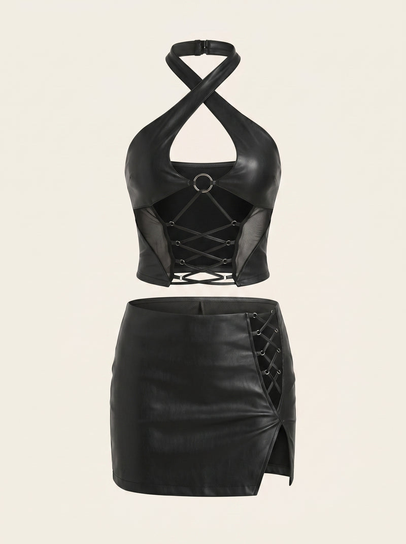 Black Leather Bodysuit with Strappy Cutouts and Rings