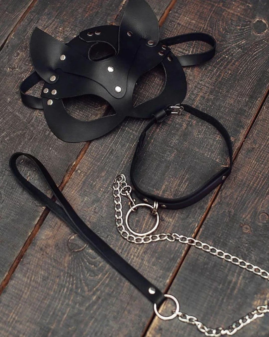 Black Leather Strappy Mask and Choker Lingerie Set with Ears and Chain Detail-Lingerie Set-Bellascena-bellascena