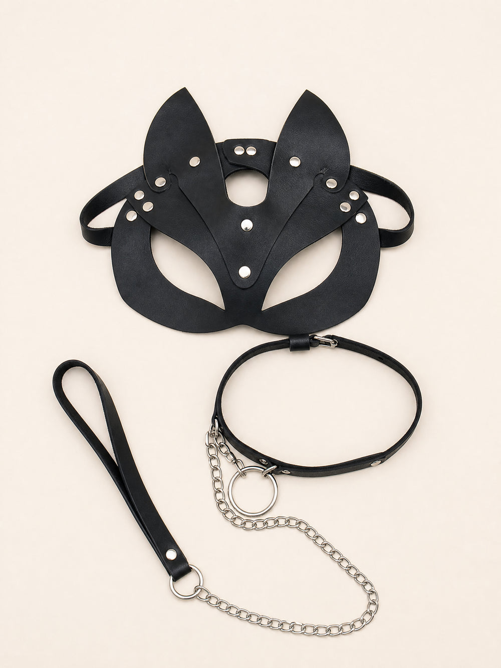 Black Leather Cat Mask and Choker Set with Ears and Chain Detail