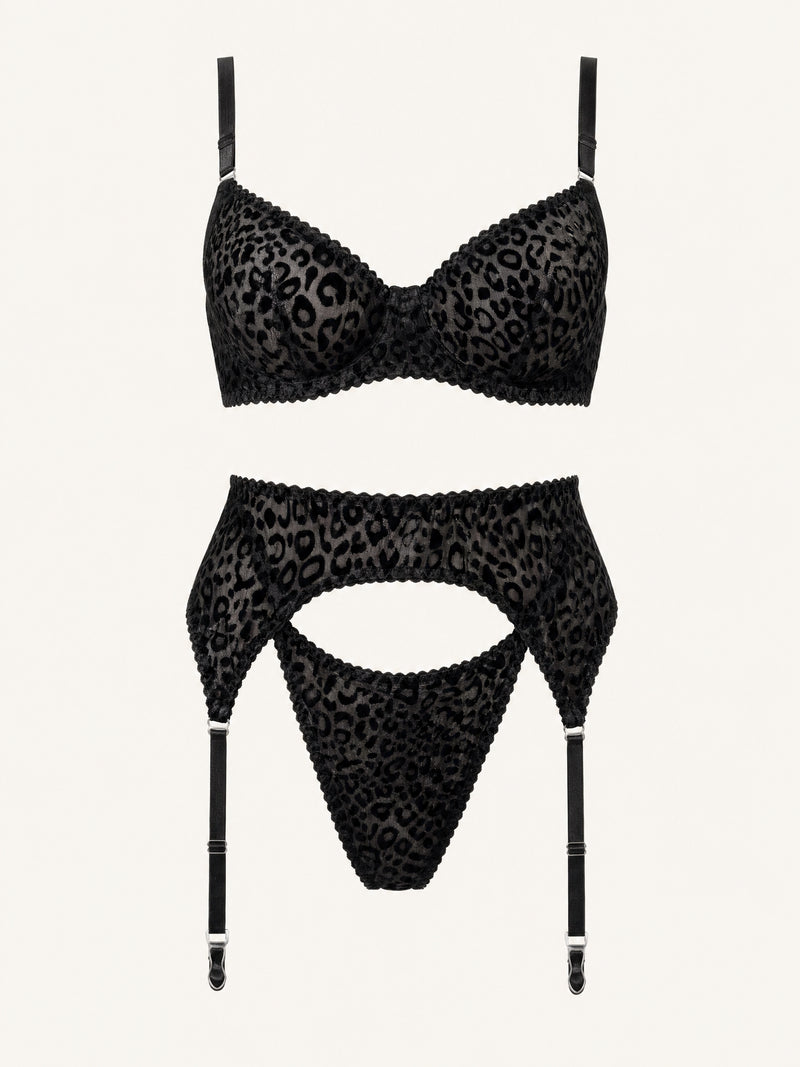 Black Leopard Mesh Lingerie Set with Strappy Details