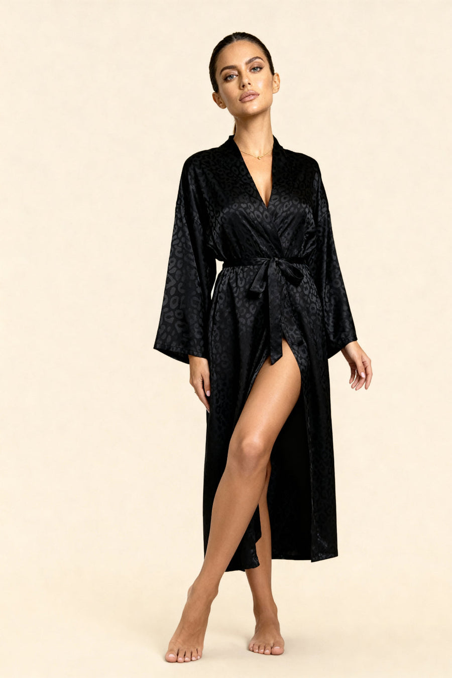 Black Leopard Print Satin Kimono Robe with Belted Design-Kimono Robe-Bellascena-bellascena