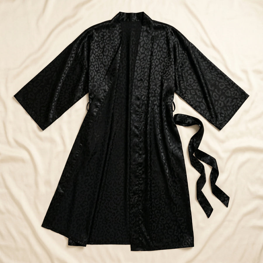 Black Leopard Print Satin Kimono Robe with Belted Design-Kimono Robe-Bellascena-bellascena