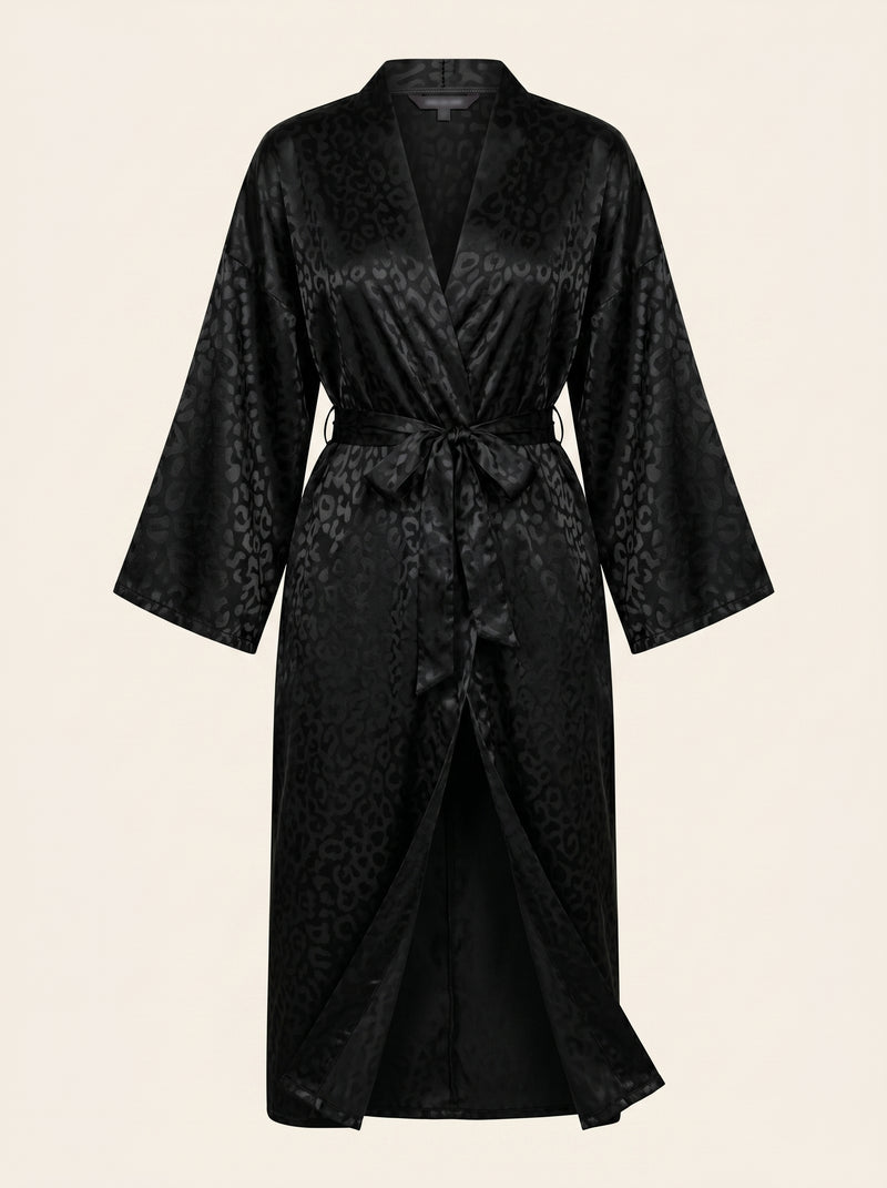 Vestaglia kimono nera in raso con stampa leopardata e cintura