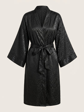 Black Leopard Print Satin Kimono Robe with Glossy Finish-Kimono Robe-Bellascena-Black-S-bellascena