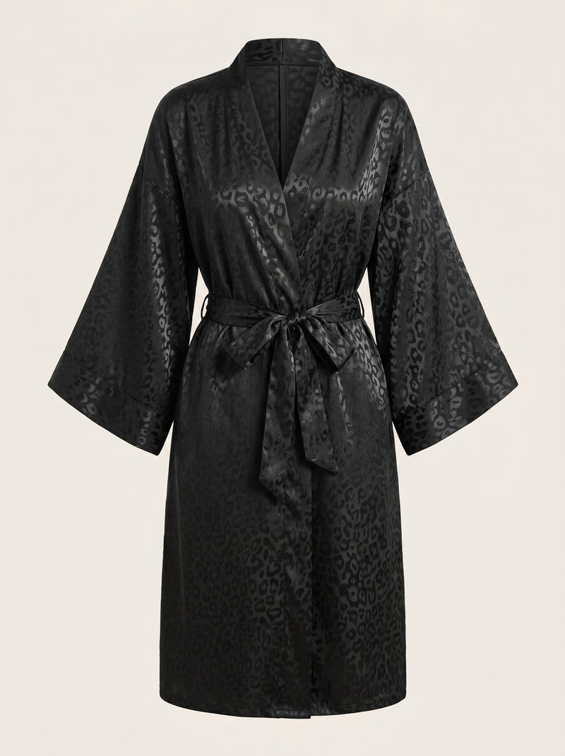 Black Leopard Print Satin Kimono Robe with Glossy Finish