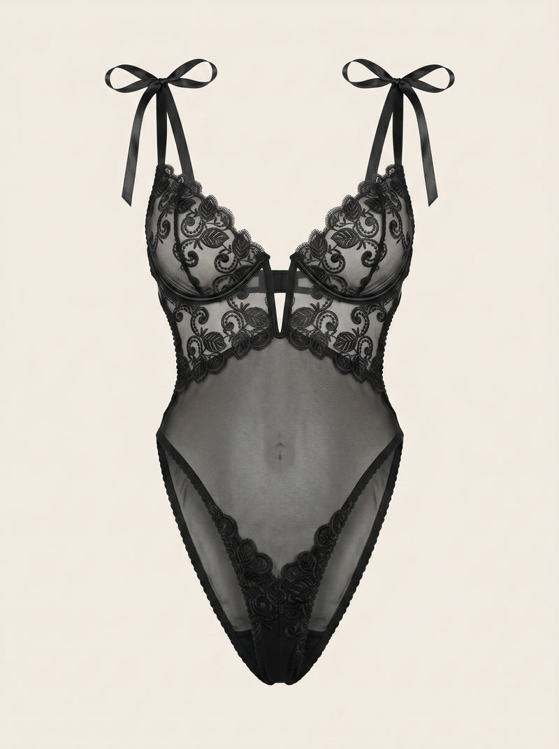 Black Mesh Bodysuit with Lace Detail
