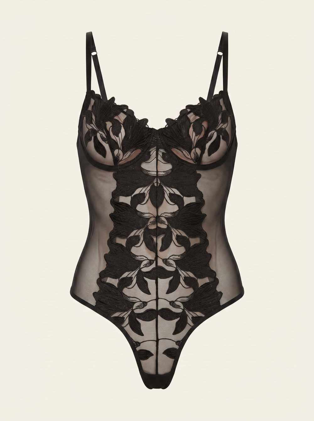 Black Mesh Bodysuit with Lace Detail and Straps