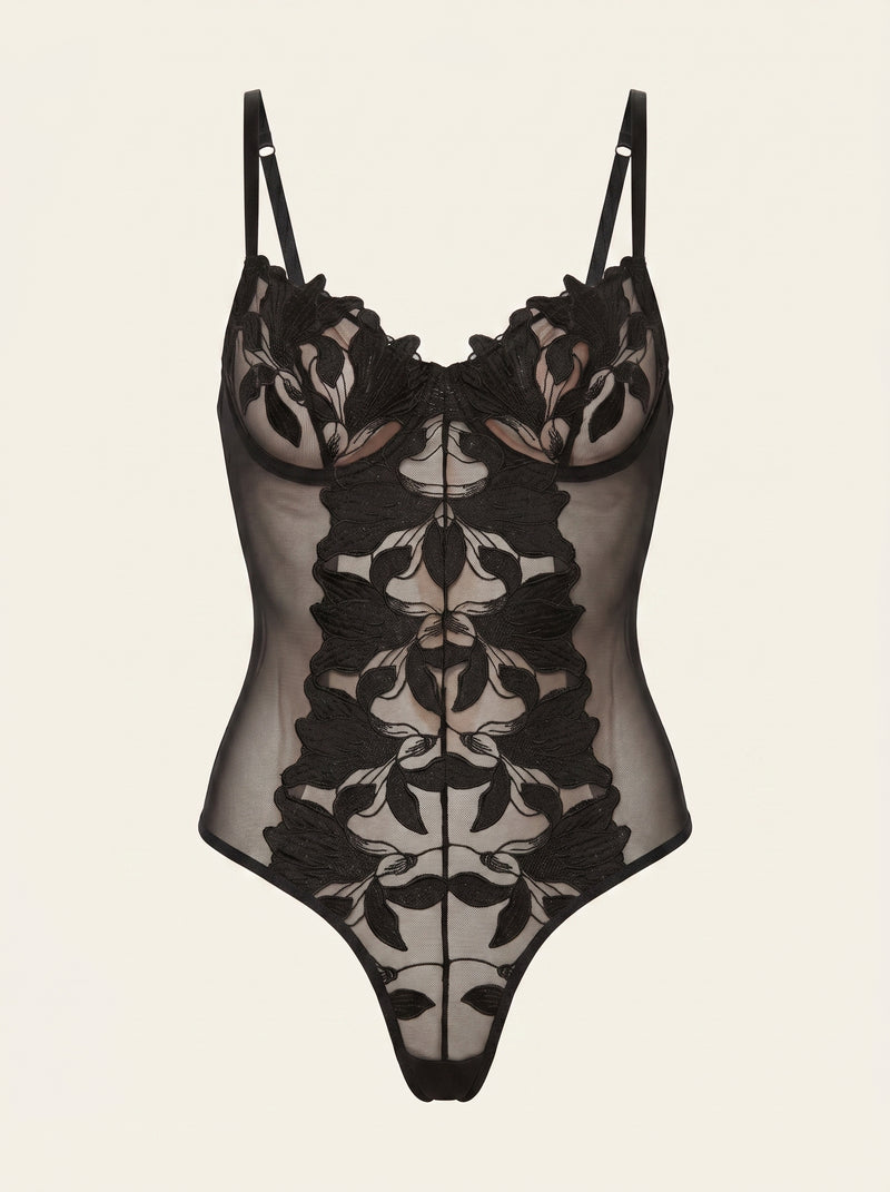 Black Mesh Bodysuit with Lace Detail and Straps