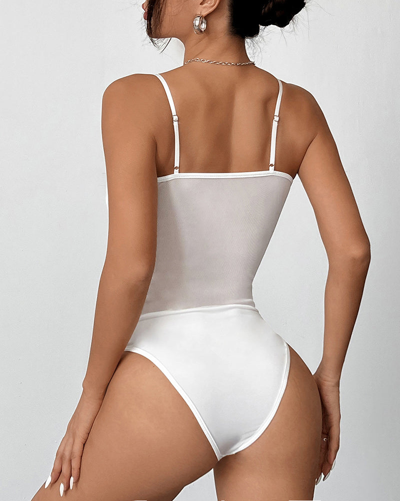 Black Mesh Bodysuit with Lace-Up Bow Detail-Bodysuit-Bellascena-bellascena