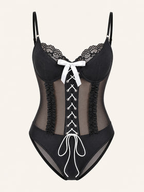 Black Mesh Bodysuit with Lace-Up Bow Detail-Bodysuit-Bellascena-Black-S-bellascena
