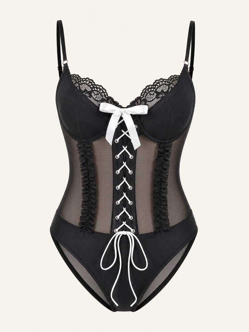 Black Mesh Bodysuit with Lace-Up Bow Detail