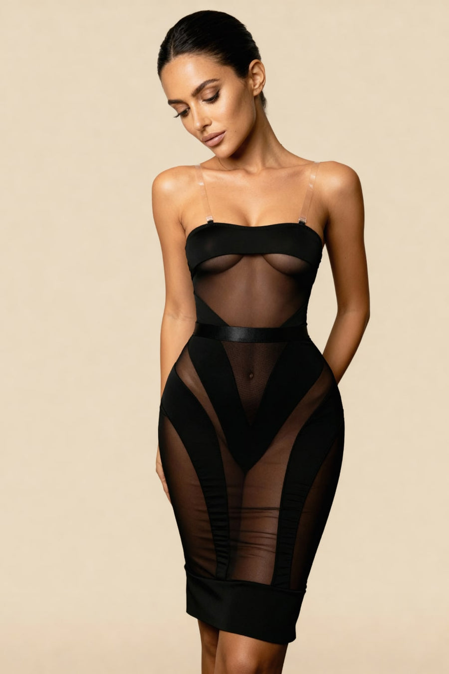 Black Mesh Bodysuit with Satin Trim-Bodysuit-Bellascena-bellascena