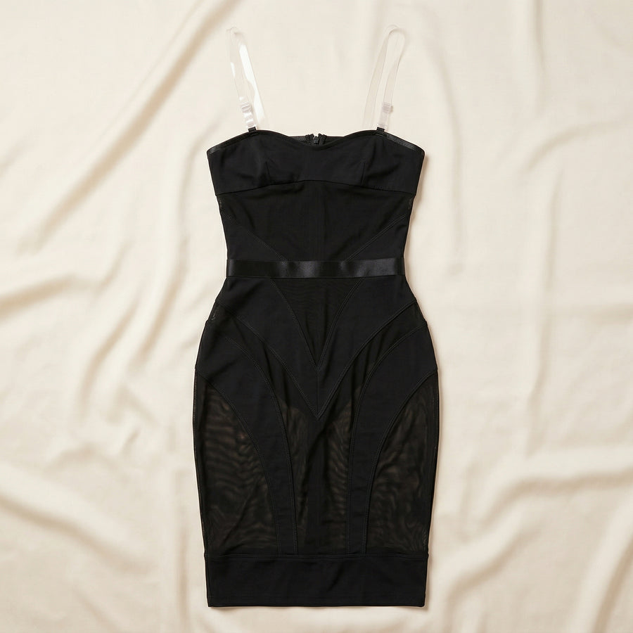 Black Mesh Bodysuit with Satin Trim-Bodysuit-Bellascena-bellascena