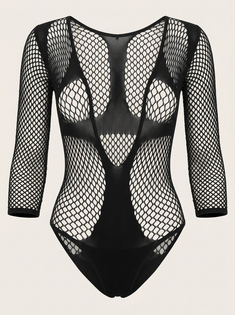 Black Mesh Bodysuit with Strappy Cutout Design