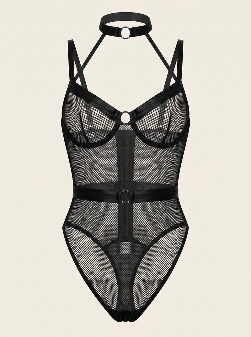 Black Mesh Bodysuit with Strappy Cutout Design