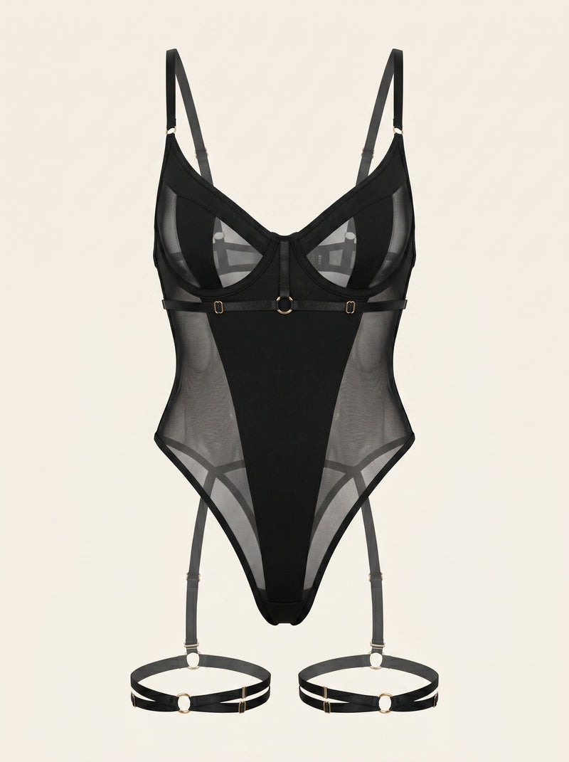 Black Mesh Bodysuit with Strappy Cutout Design