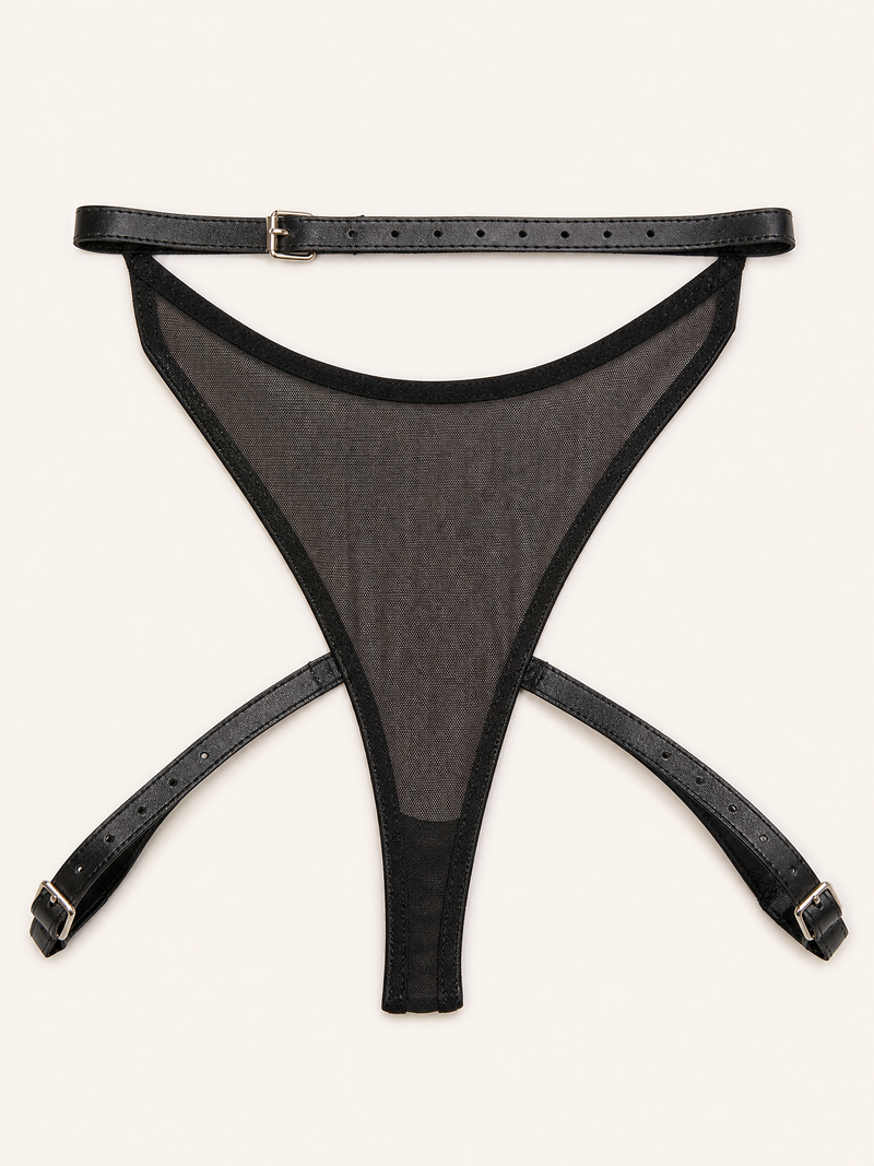 Body in mesh nero con design a intagli e stringhe