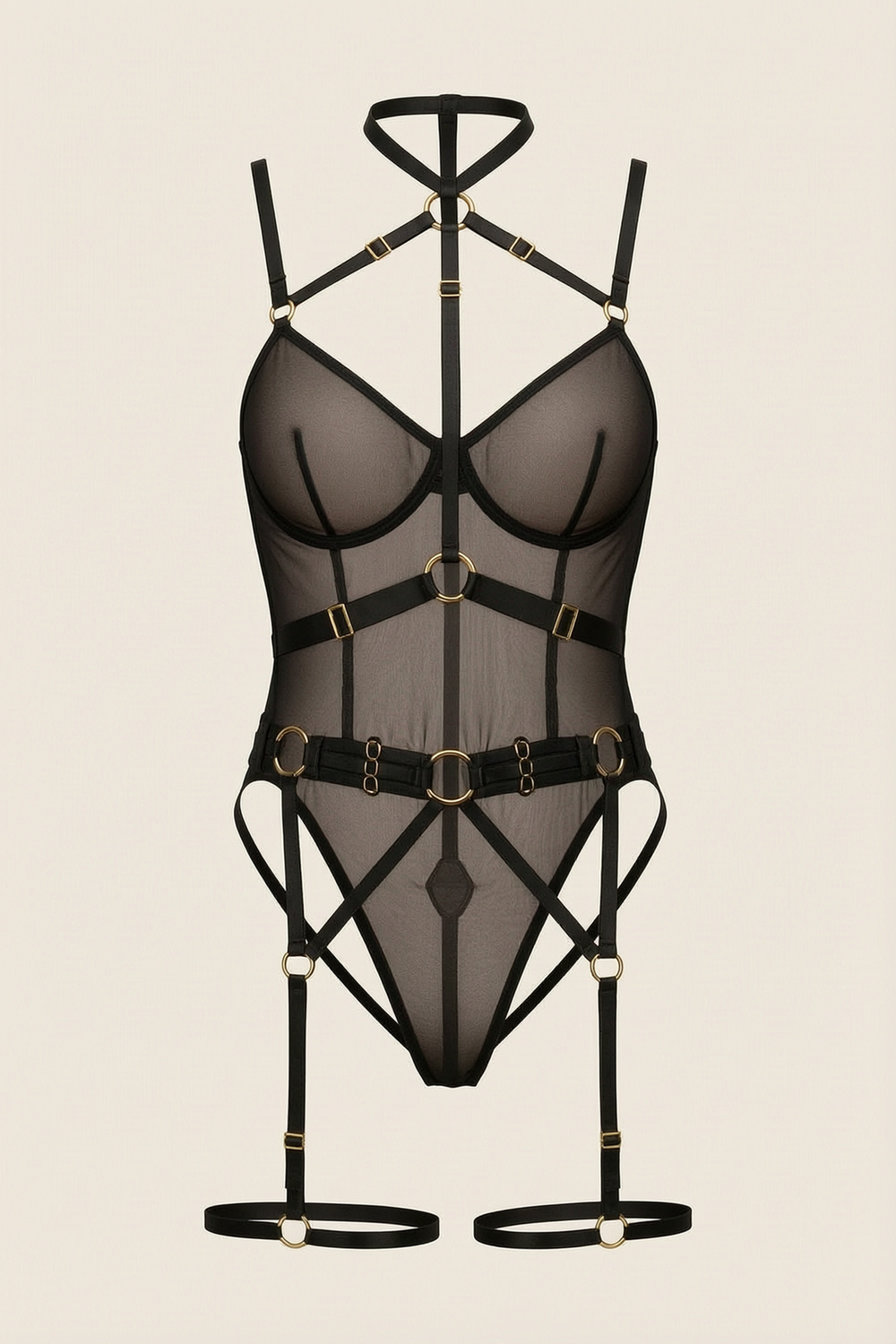 Black Mesh Bodysuit with Strappy Cutout Details