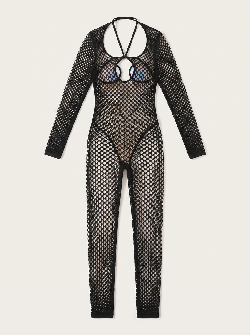 Black Mesh Bodysuit with Strappy Cutouts